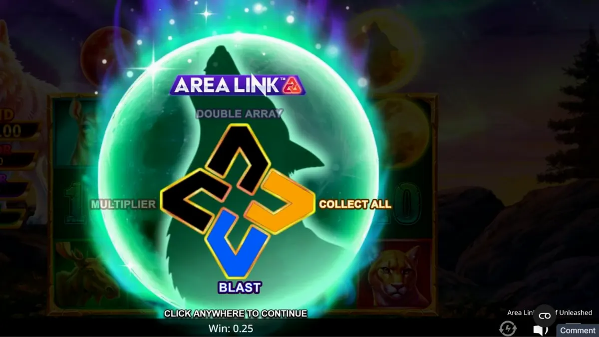 Pemandangan hutan bersalju dengan cahaya Aurora Borealis di latar belakang slot Area Link Wolf Unleashed