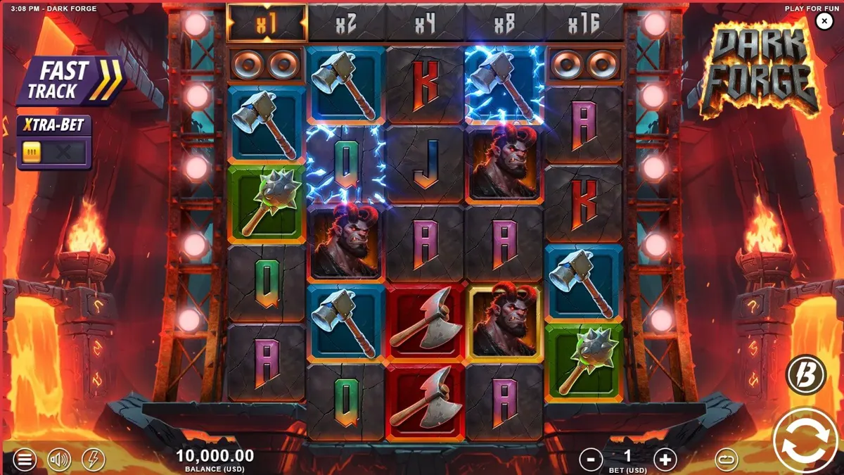 Tampilan visual slot Dark Forge dengan latar belakang pandai besi iblis dan api neraka